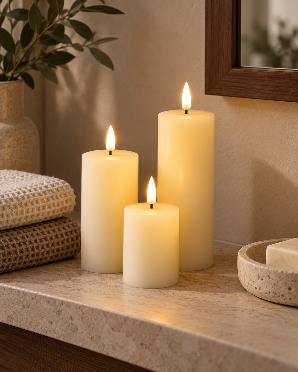 Three LED candles on a bathroom shelf beside folded towels.