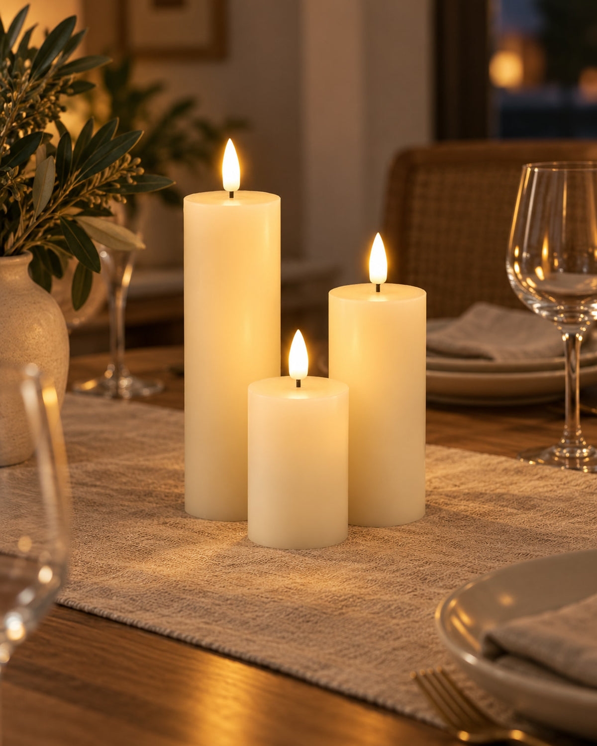 Three glowing LED candles on a dinner table with a linen runner.