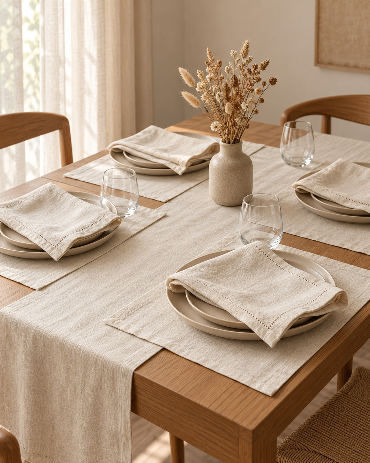 Dinner table with cream plates, each with a folded linen napkin. Tableware not included.