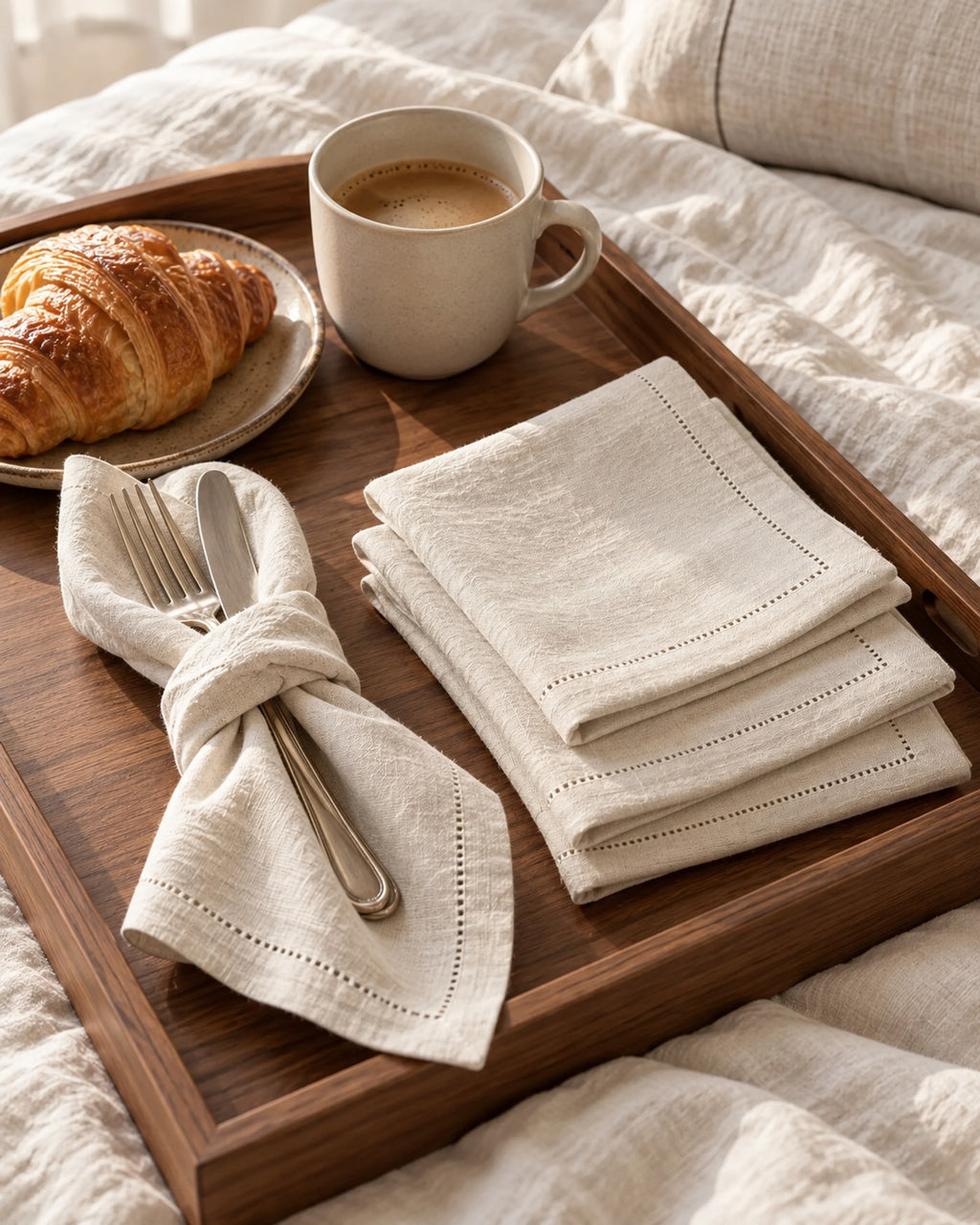 Linen napkin tied around cutlery on a breakfast tray. Tableware not included.