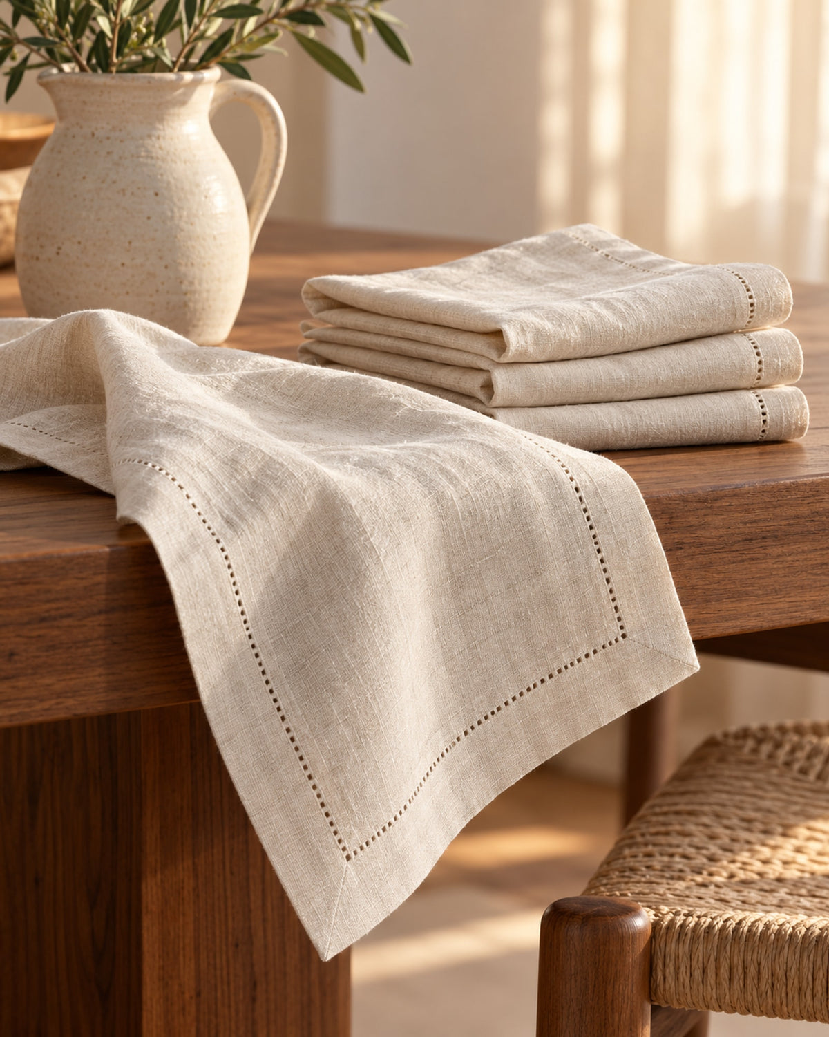 Linen napkin draped over the edge of a walnut table beside a ceramic jug.