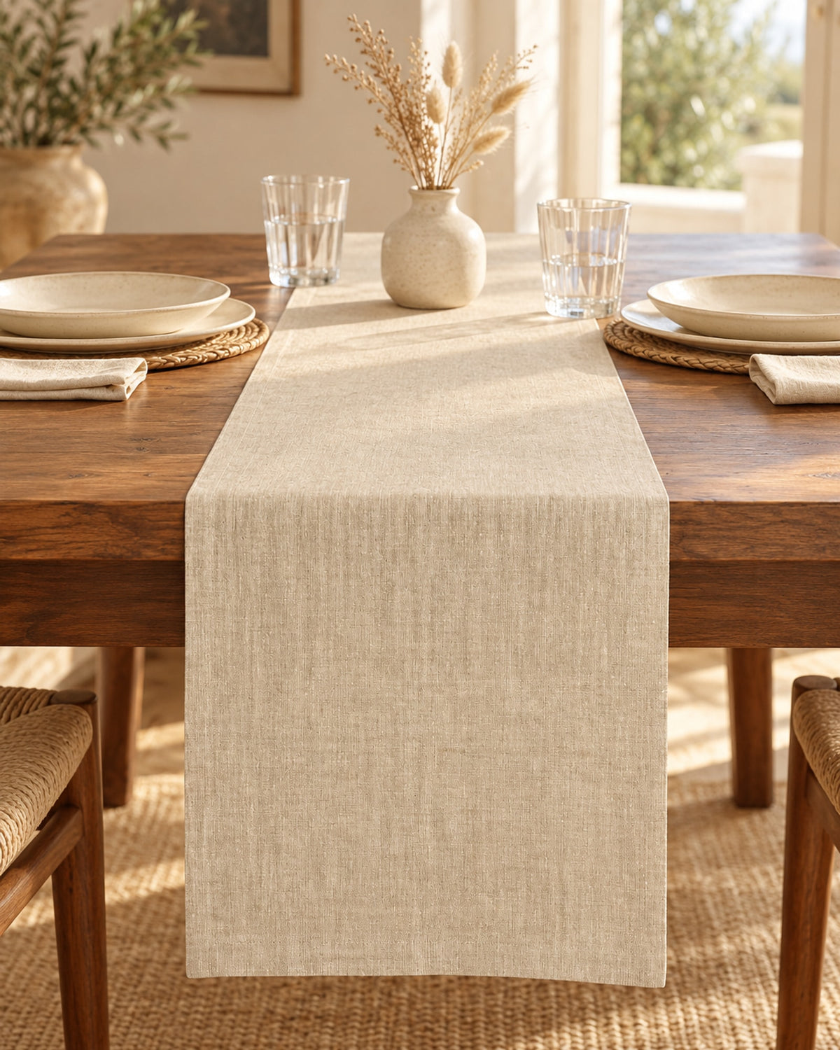 Linen runner on a walnut dining table set for two with cream stoneware. Tableware not included.