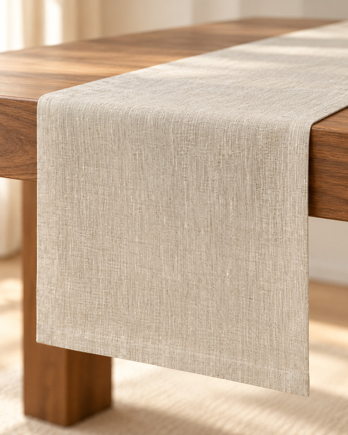 Close-up of the linen weave and hem at the end of the runner.