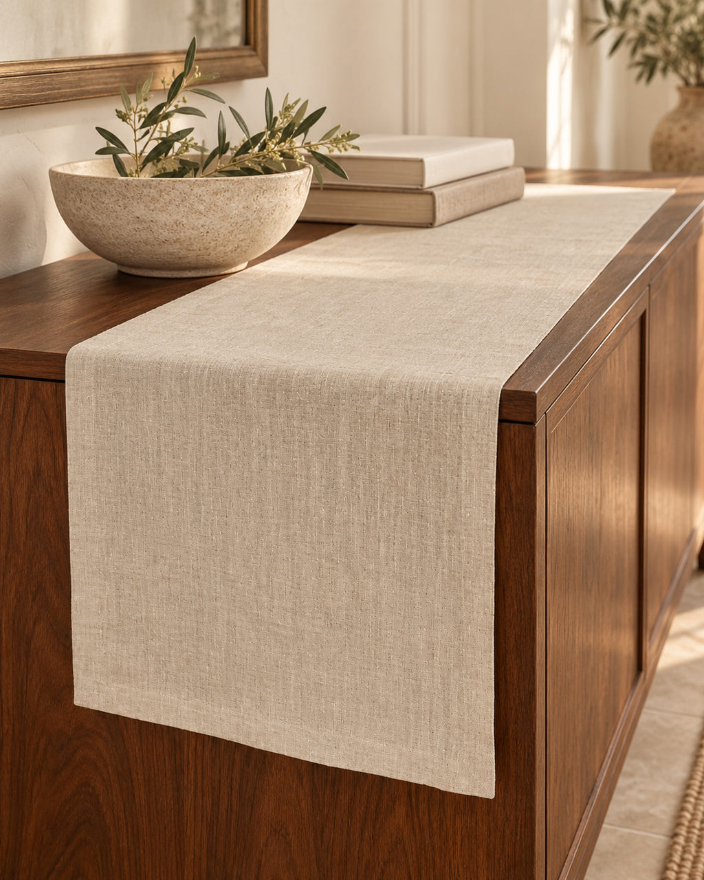 Linen runner on a hallway sideboard with a ceramic bowl and books. Accessories not included.