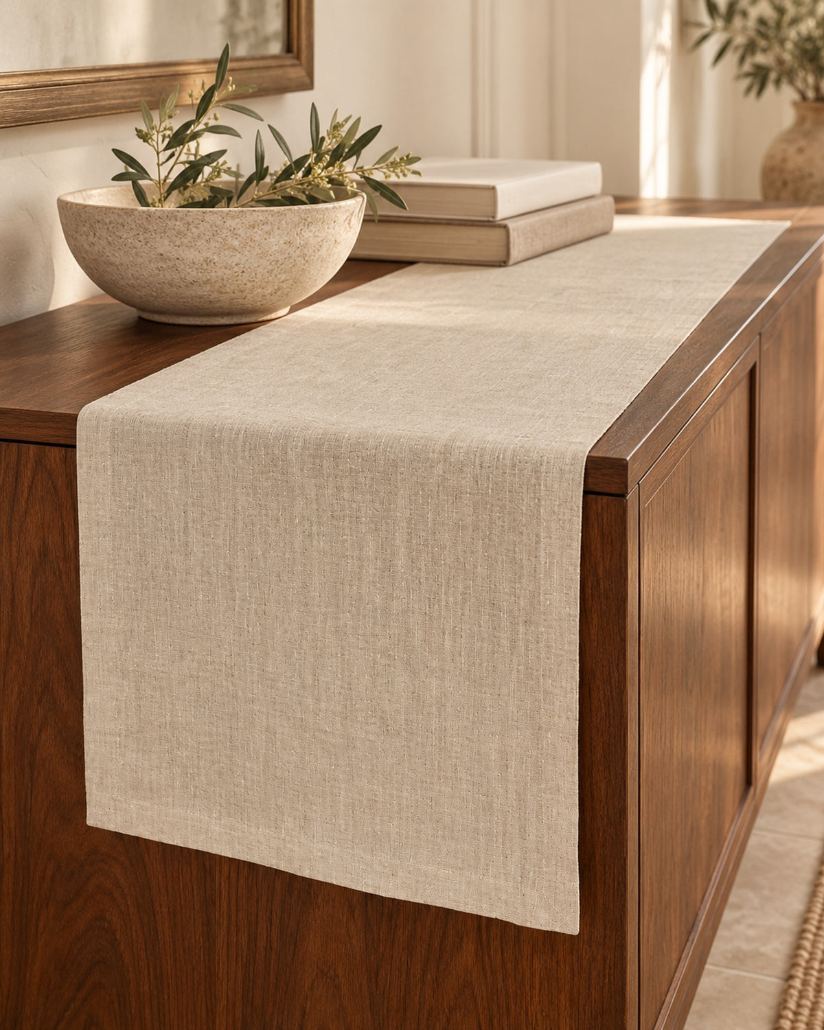 Linen runner on a hallway sideboard with a ceramic bowl and books. Accessories not included.