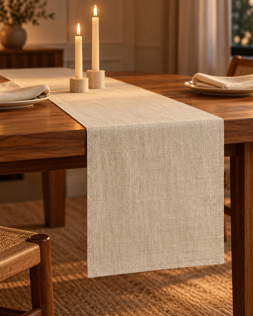 Evening dining table with the linen runner and two lit taper candles. Candles not included.