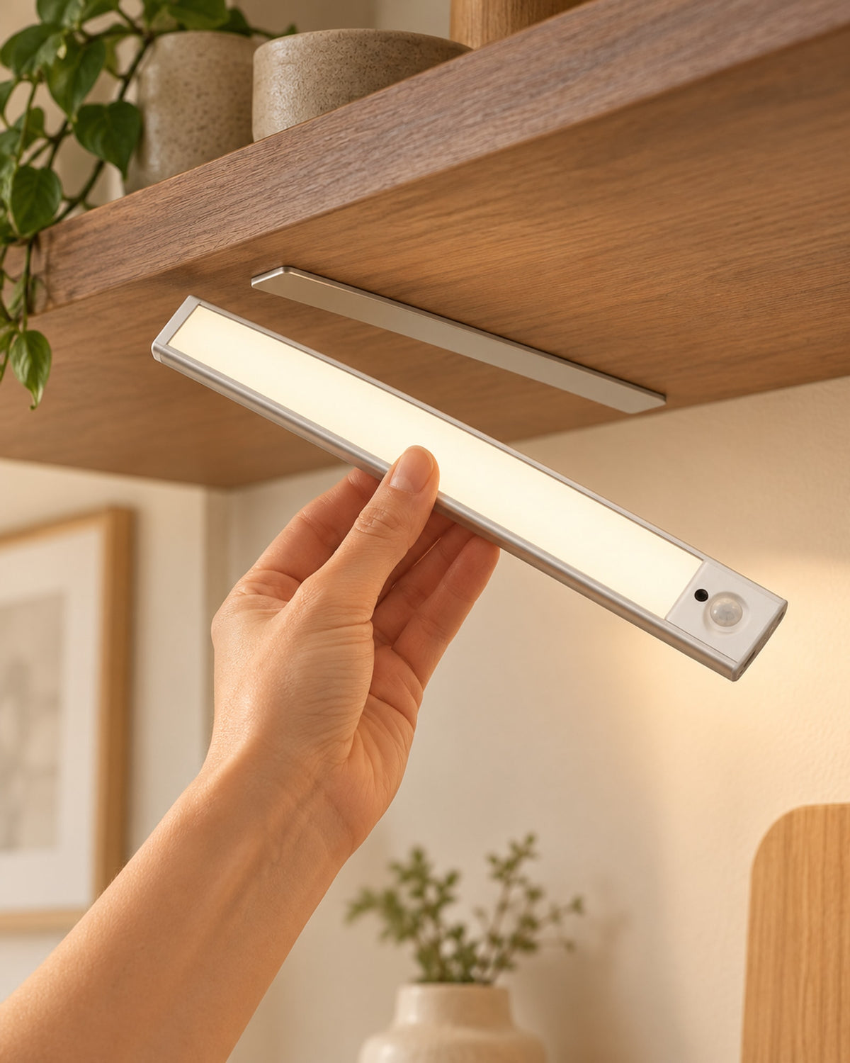 Hand lifting the magnetic cabinet light off its mounting strip