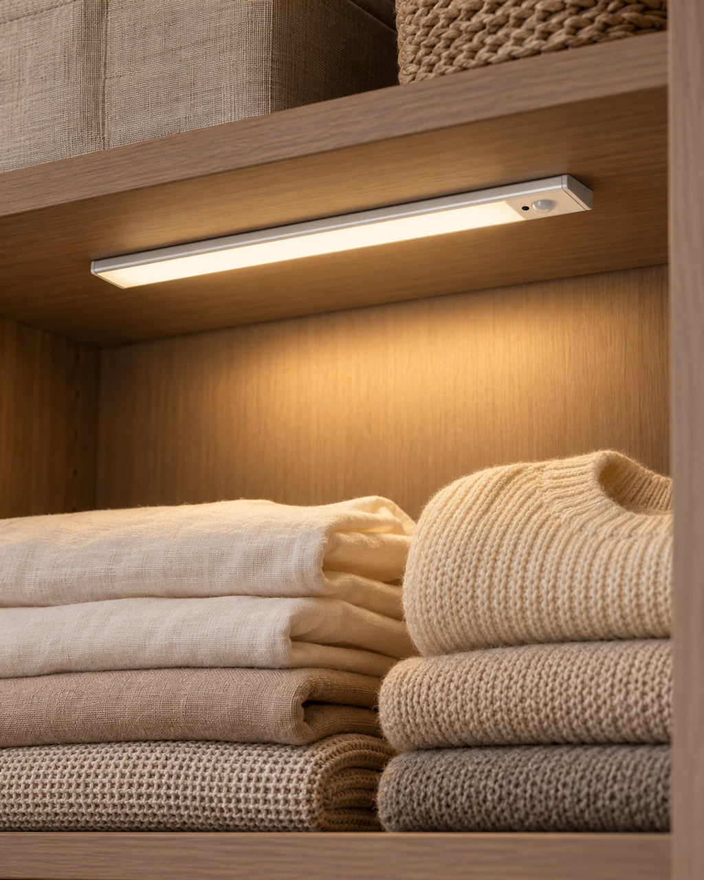 Cabinet light illuminating a shelf of folded knitwear and linens