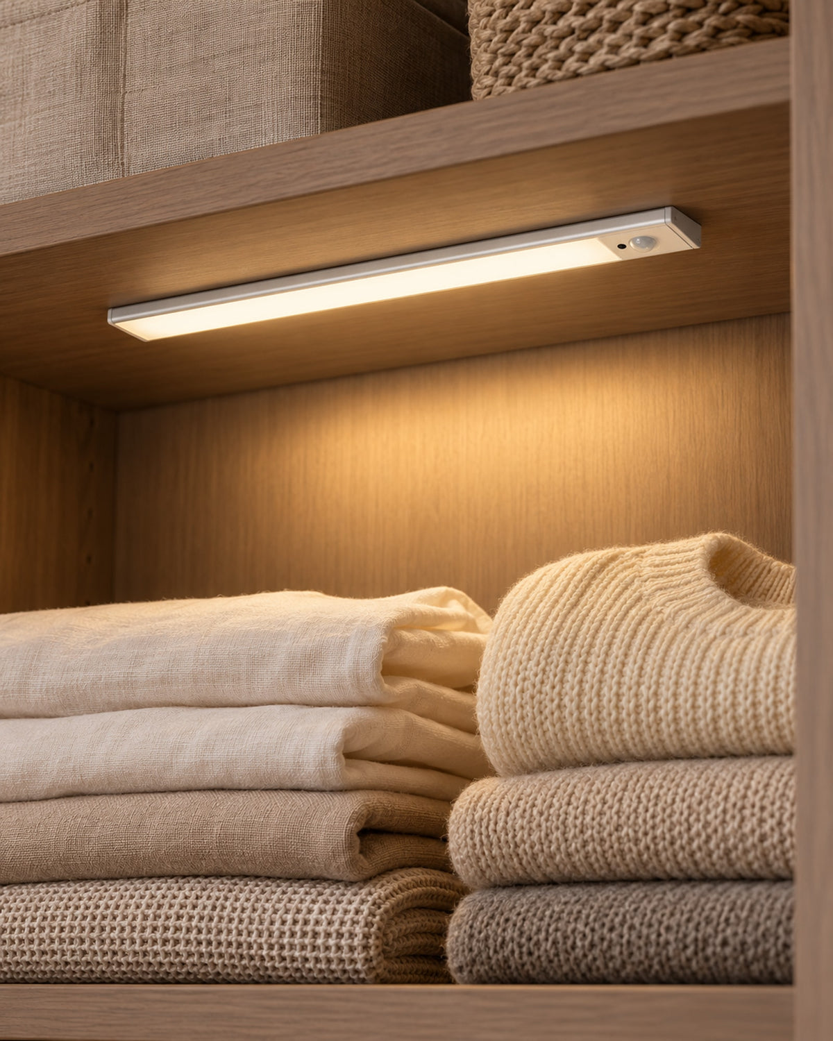 Cabinet light illuminating a shelf of folded knitwear and linens