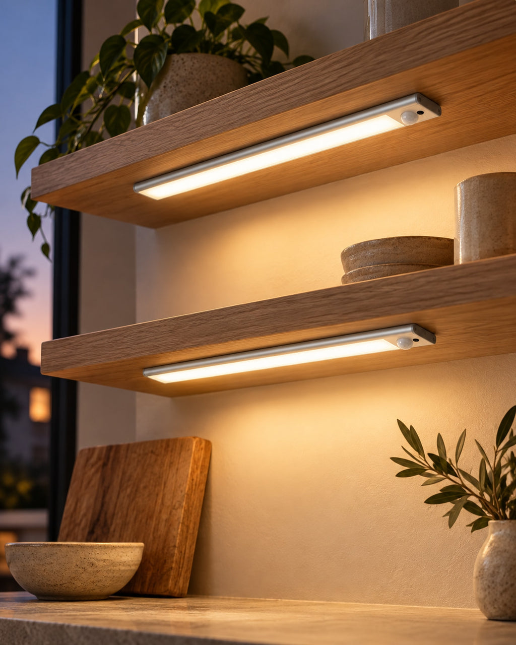 Two cabinet lights under open shelves at dusk
