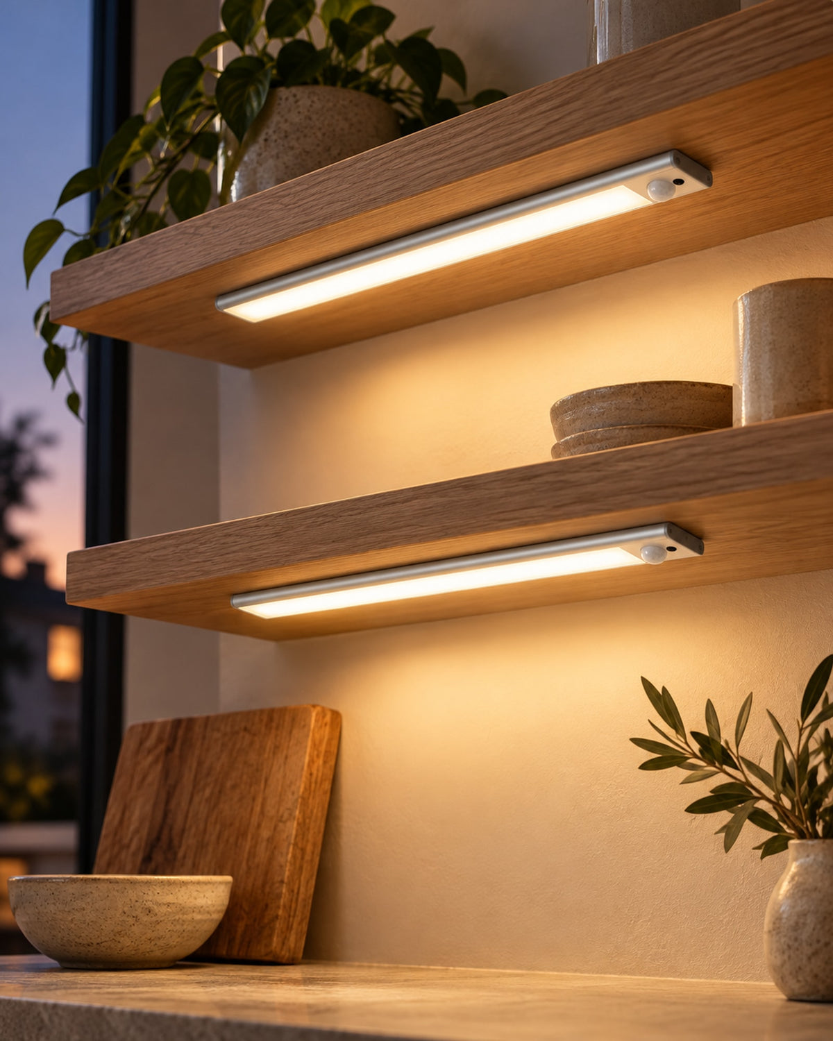 Two cabinet lights under open shelves at dusk