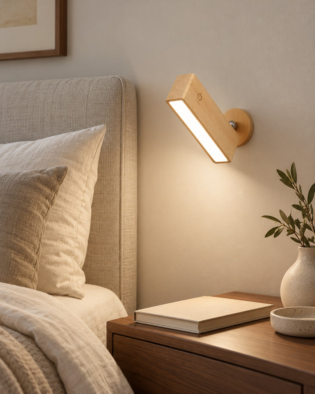 Beech wall reading lamp switched on above a bedside table