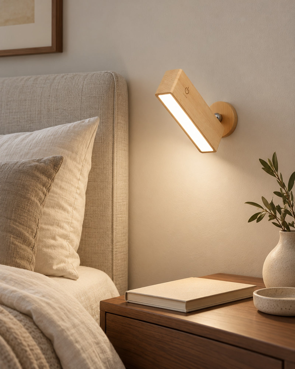 Beech wall reading lamp switched on above a bedside table