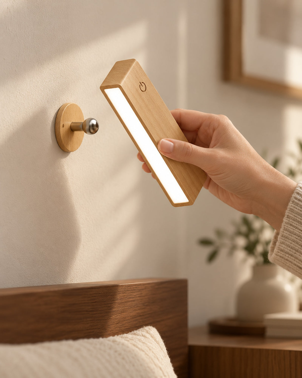 Hand detaching the magnetic beech reading lamp from its wall mount