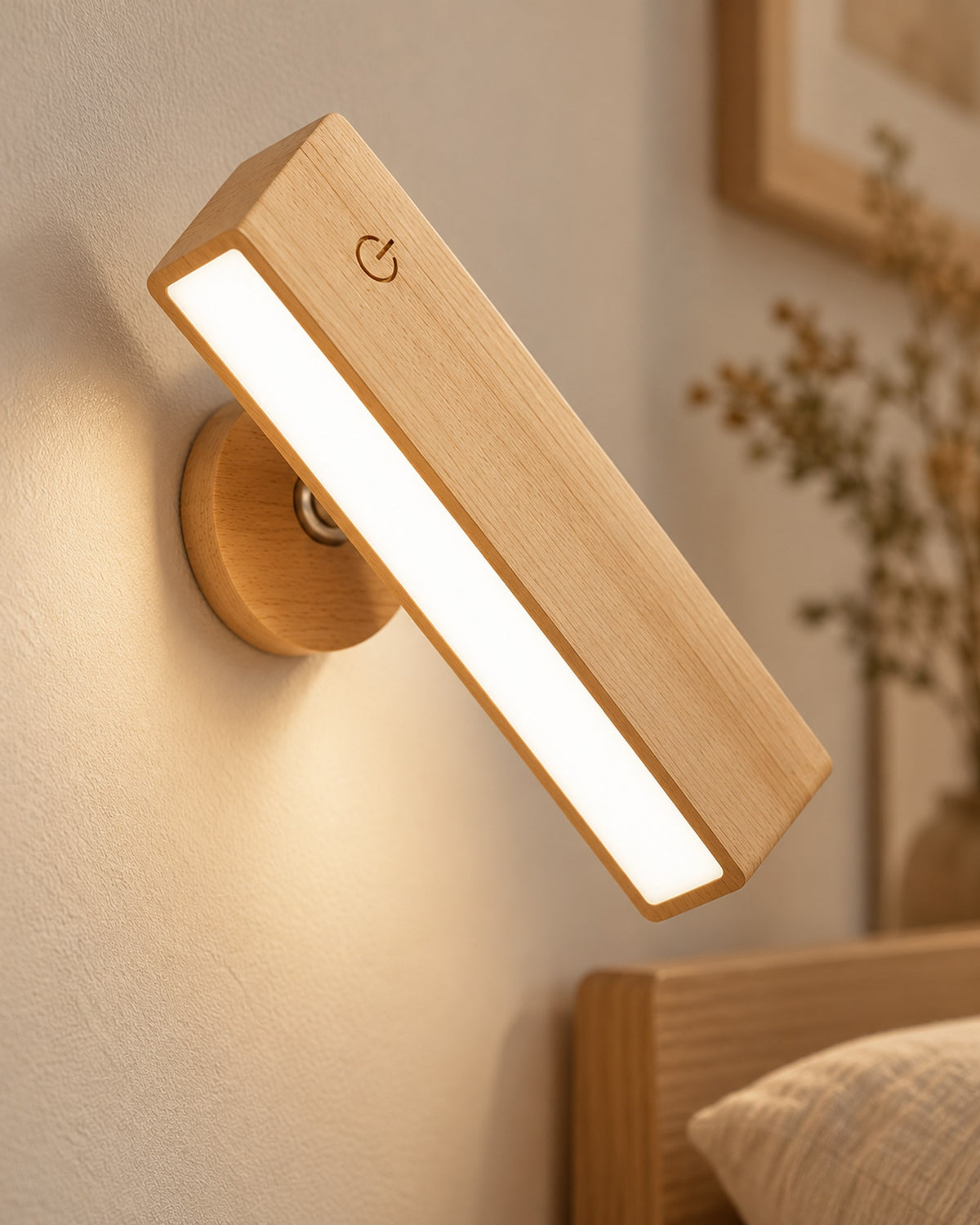 Close-up of the beech reading lamp with touch button and warm light panel