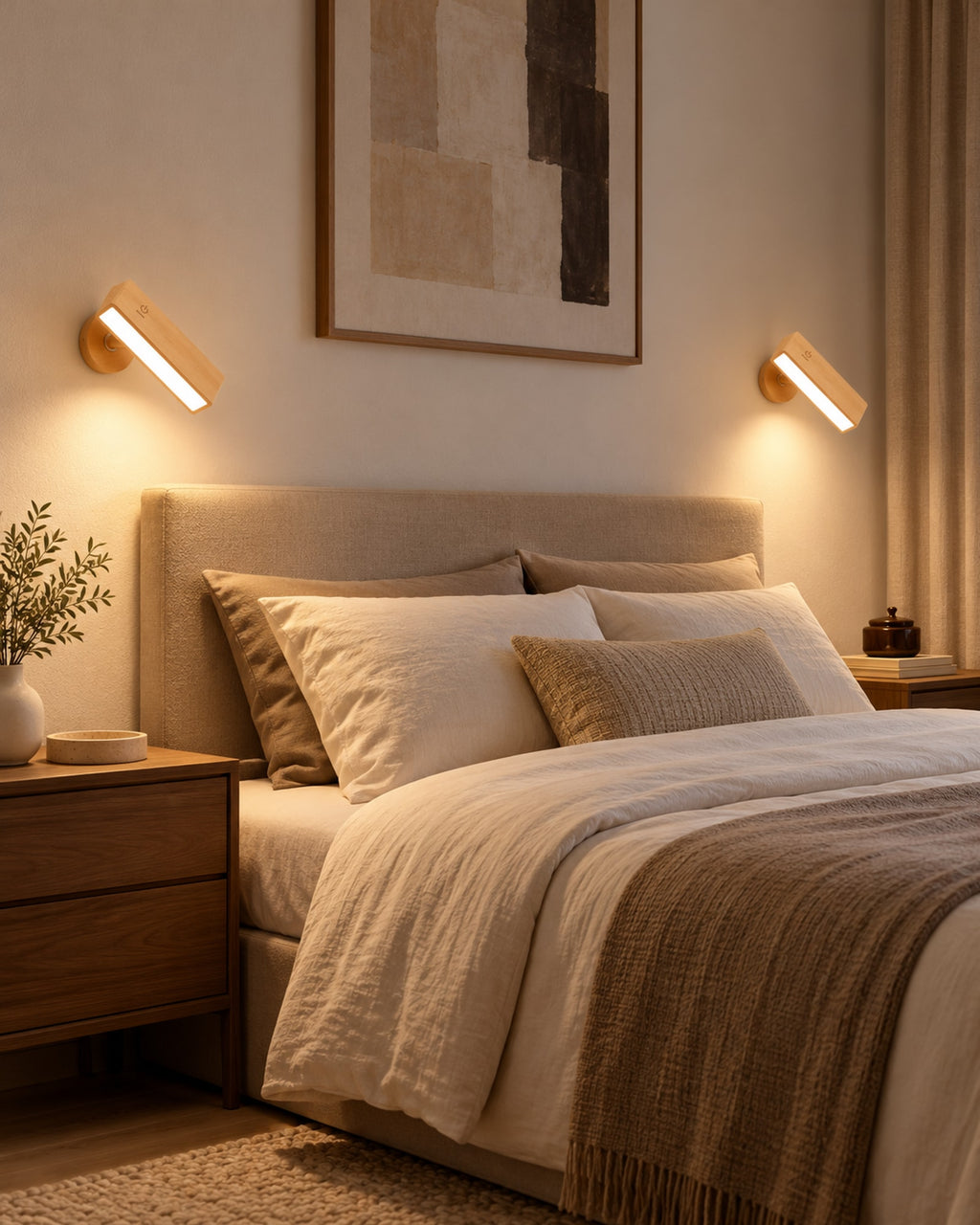 Two beech wall reading lamps on either side of a bed in the evening