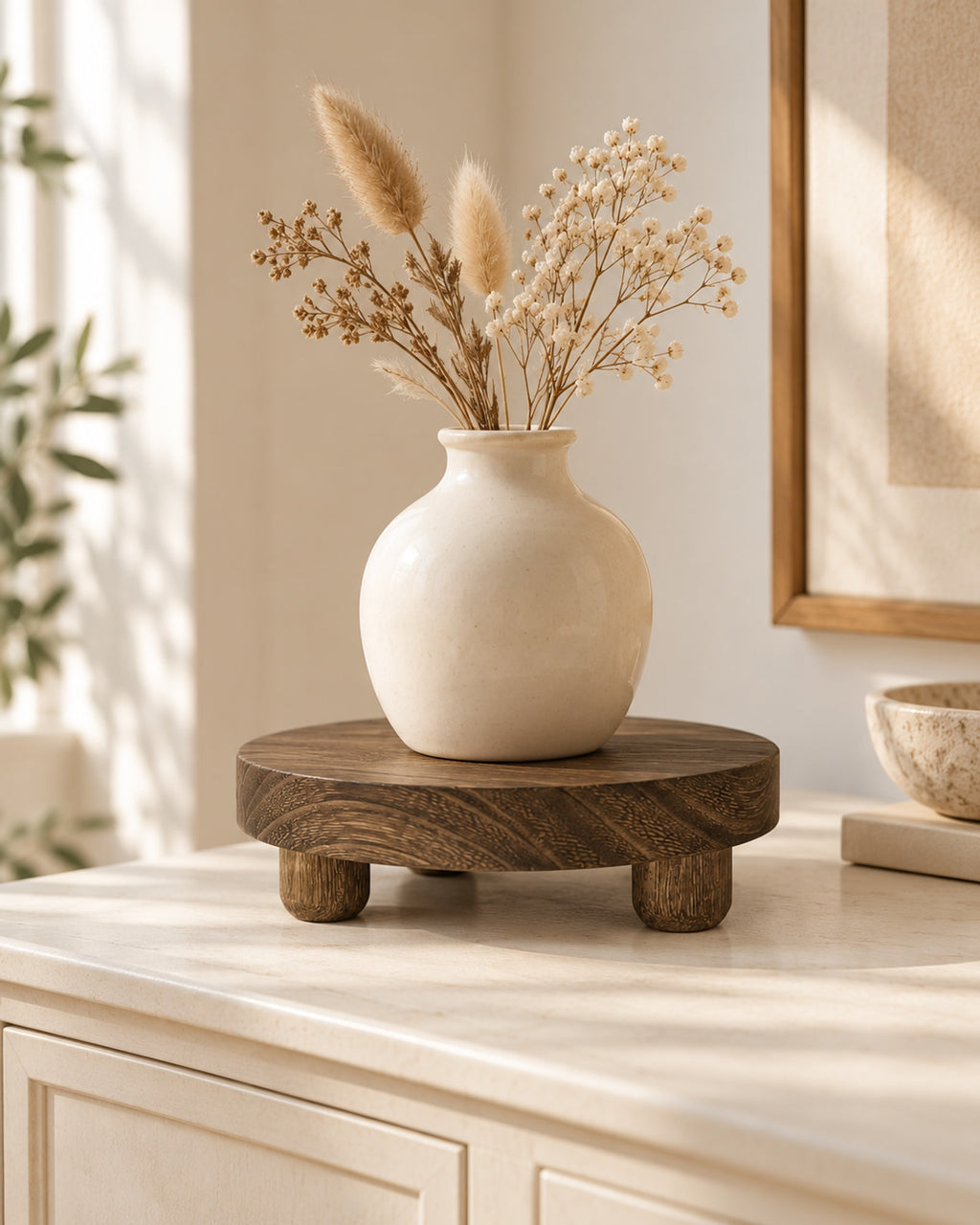 Wooden riser on a sideboard lifting a cream vase with dried stems. Vase not included.