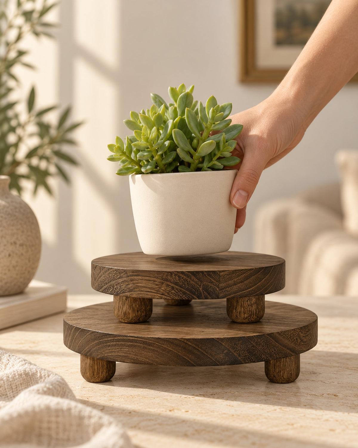 Hand placing a small potted plant on the wooden riser. Plant not included.