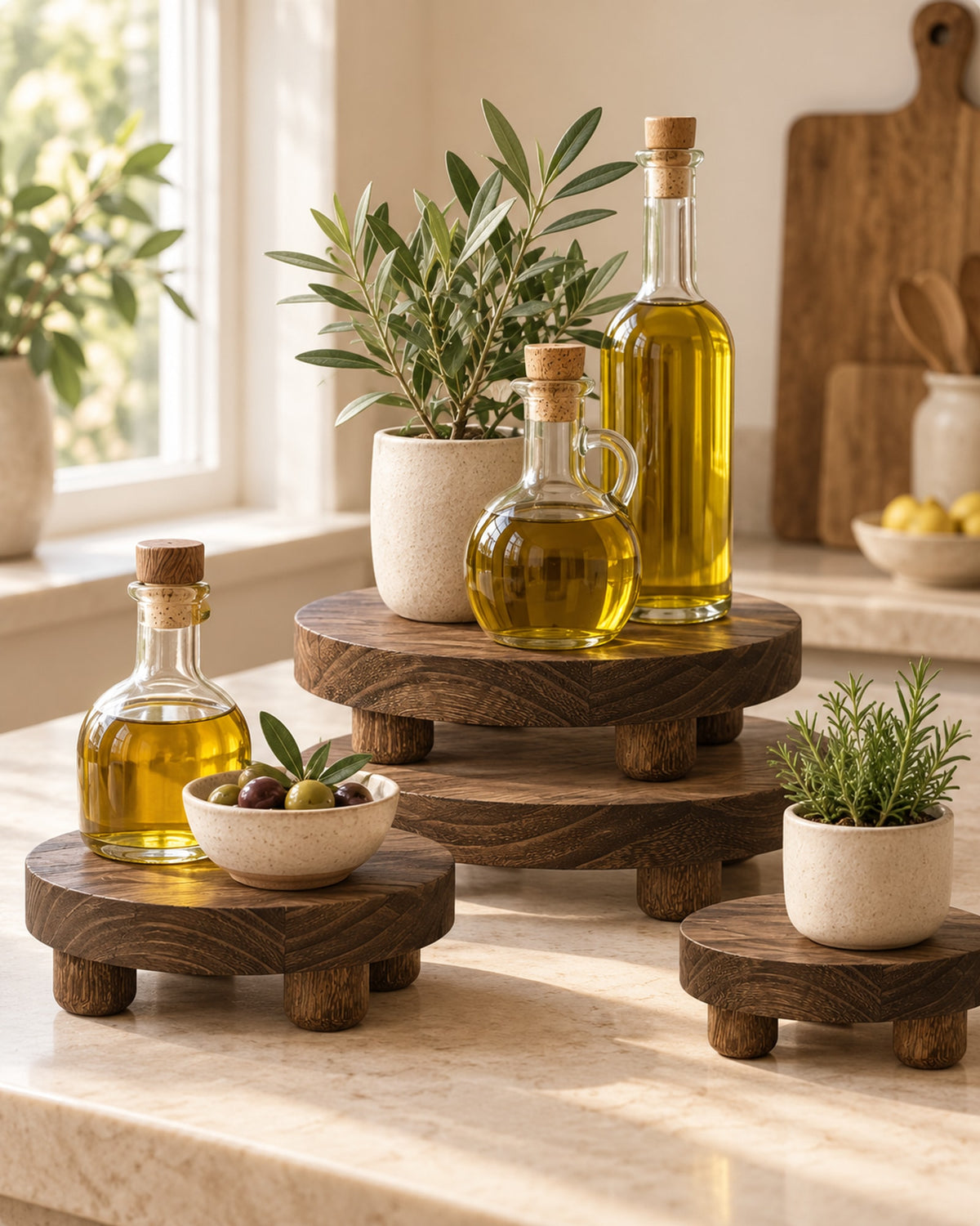 Three wooden risers of different sizes on a kitchen counter. Bottles and plant not included.