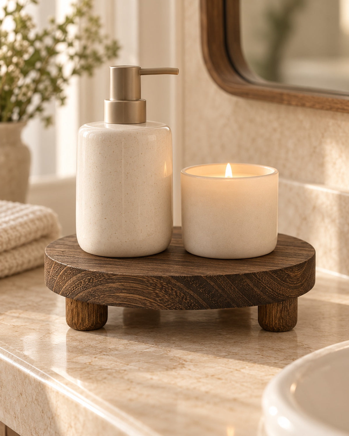 Wooden riser on a bathroom counter with a soap dispenser and a candle. Accessories not included.