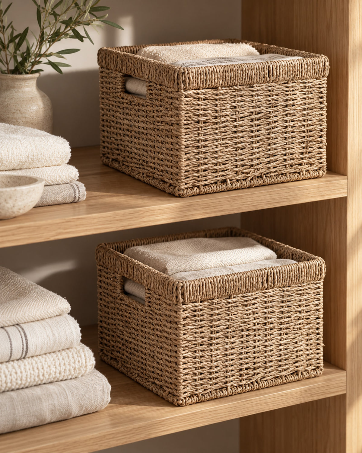 Two seagrass baskets on an oak shelf holding folded towels. Towels not included.