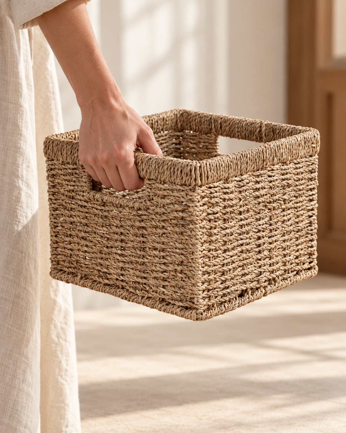 Hand lifting the seagrass basket by its cut-out handle.