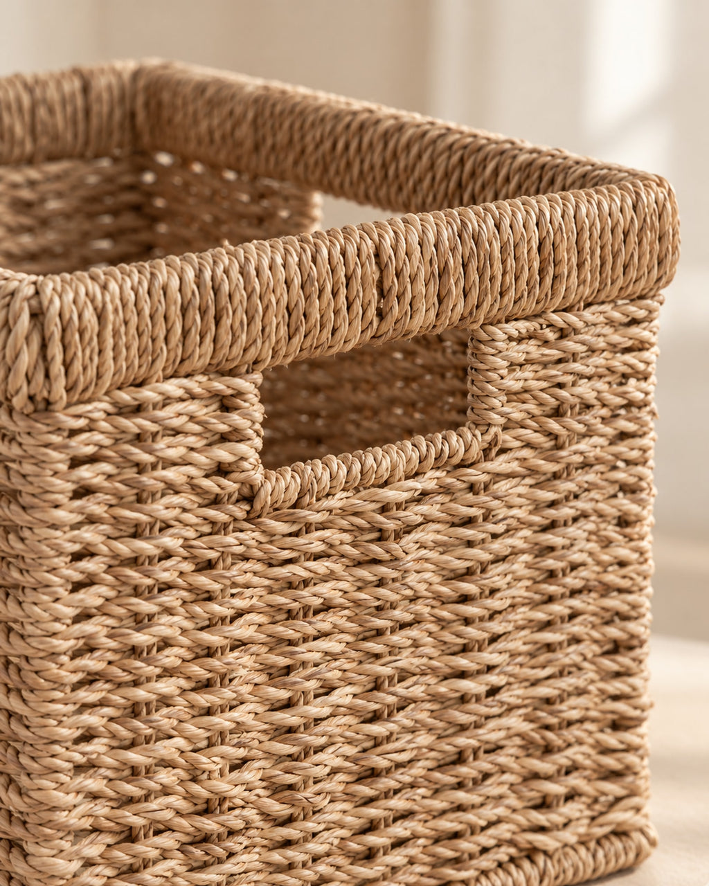Close-up of the woven seagrass texture and handle opening.