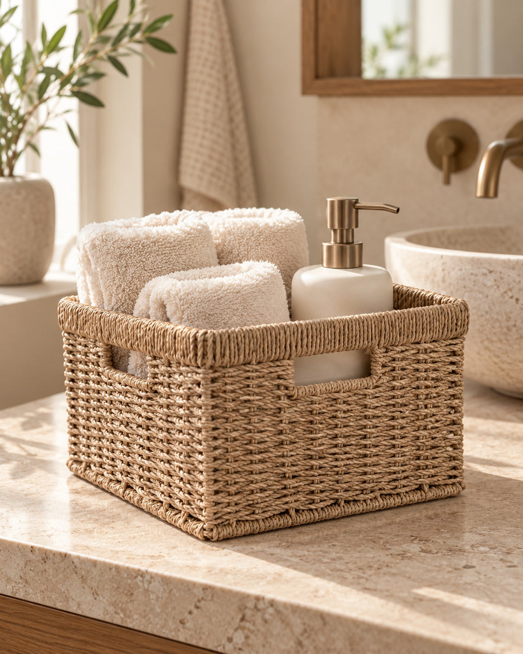 Seagrass basket on a stone bathroom counter with rolled towels. Towels not included.