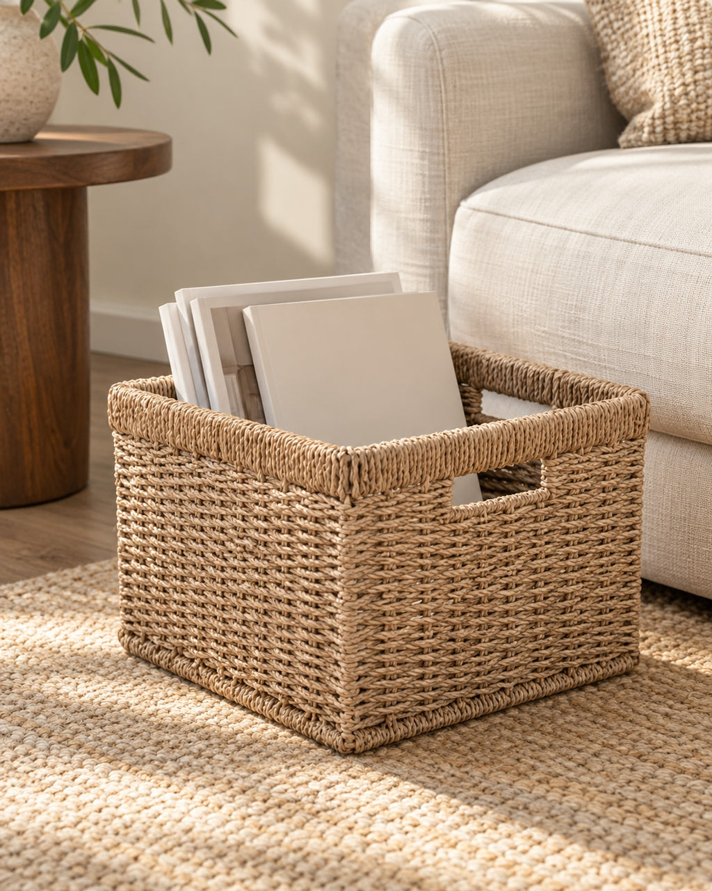 Seagrass basket beside a linen sofa holding magazines. Magazines not included.