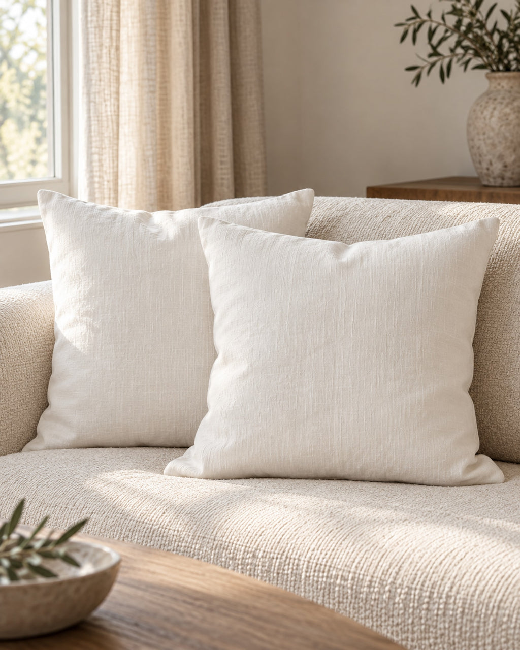Two off-white linen cushions on a cream sofa in a calm living room. Insert not included.