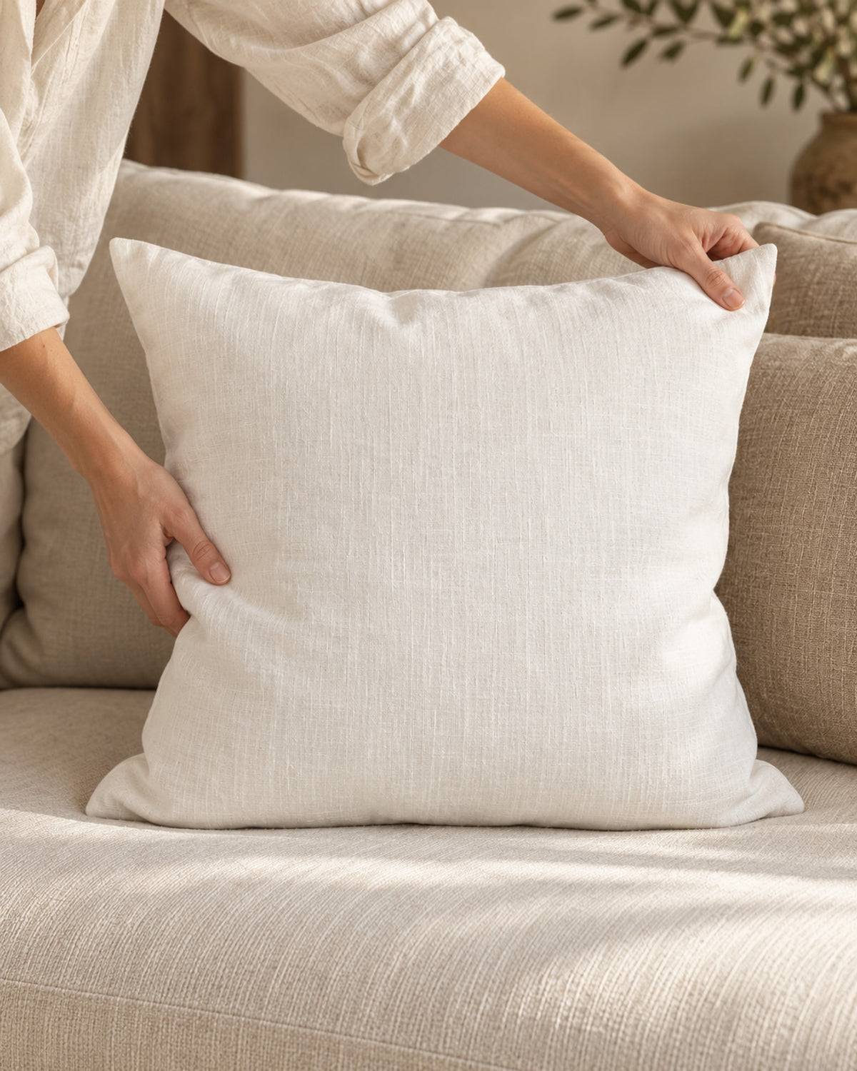 Hands plumping an off-white linen cushion on a sofa.