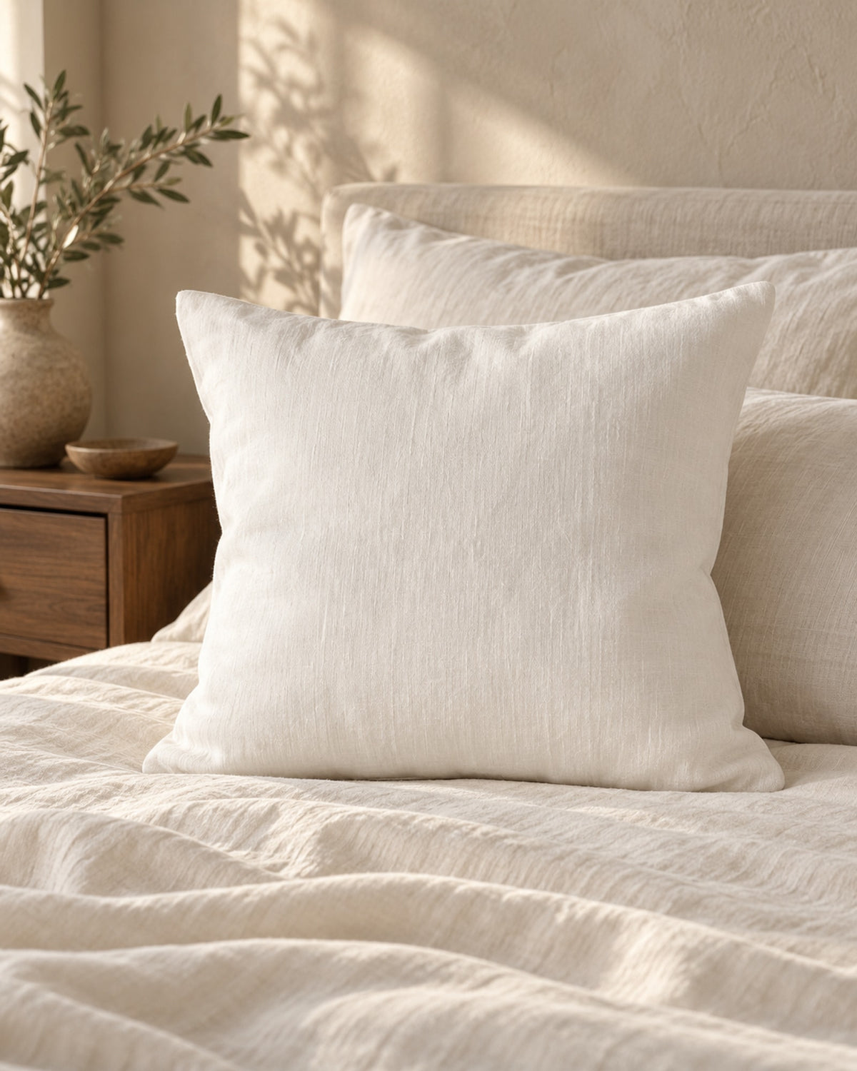 Off-white linen cushion on a bed with linen bedding next to a walnut bedside table.