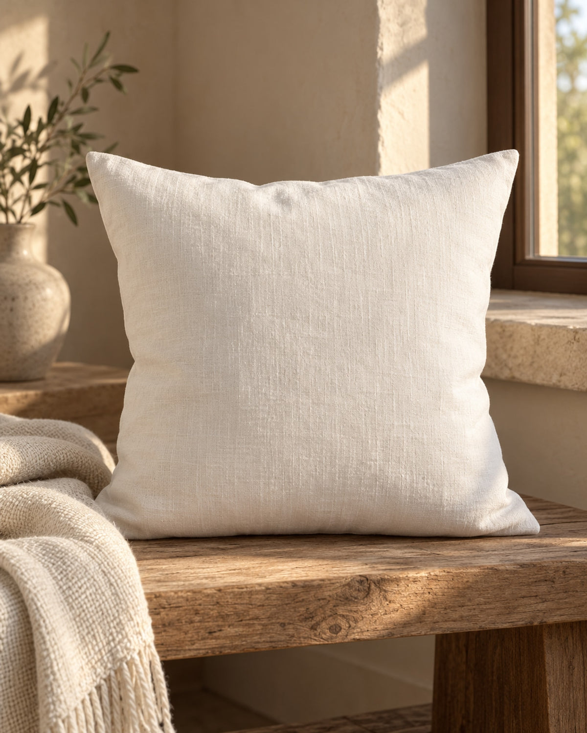 Linen cushion on an oak bench by a window in late afternoon light.