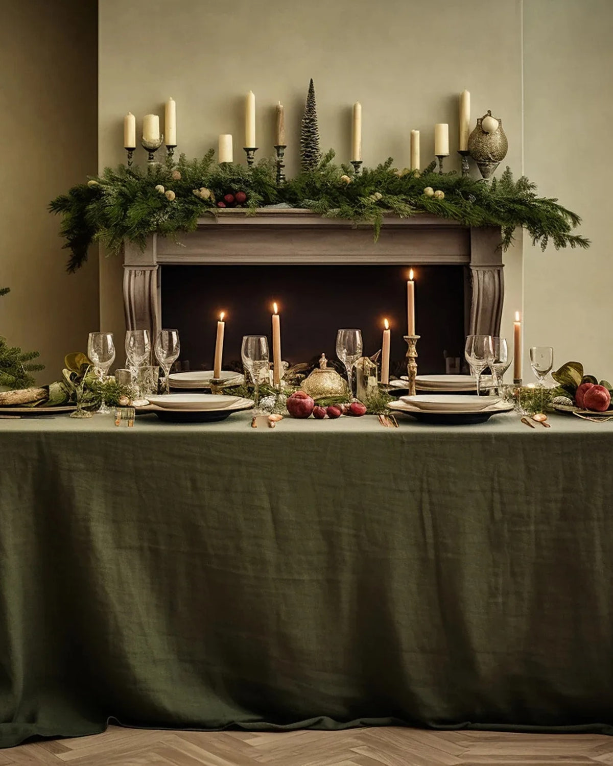 Olive green stonewashed linen tablecloth on a dining table set for a festive dinner (supplier photo)