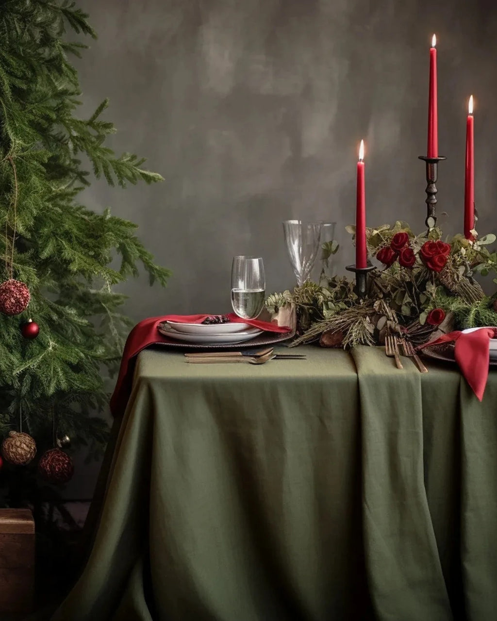 Olive green stonewashed linen tablecloth with candles and greenery (supplier photo)