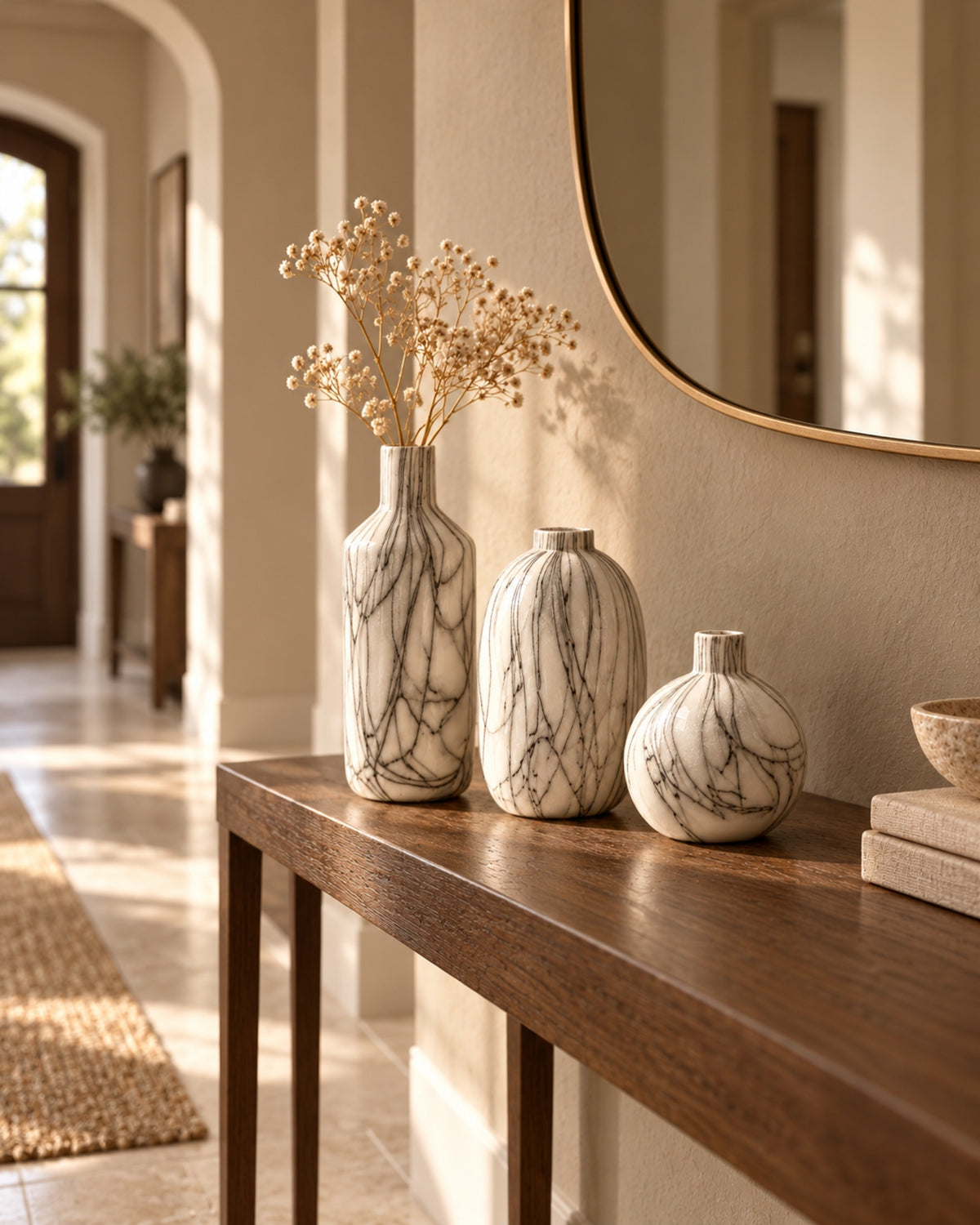 White porcelain vase set with grey veining on a dark wood hallway console beneath a round mirror. Stems and accessories not included.