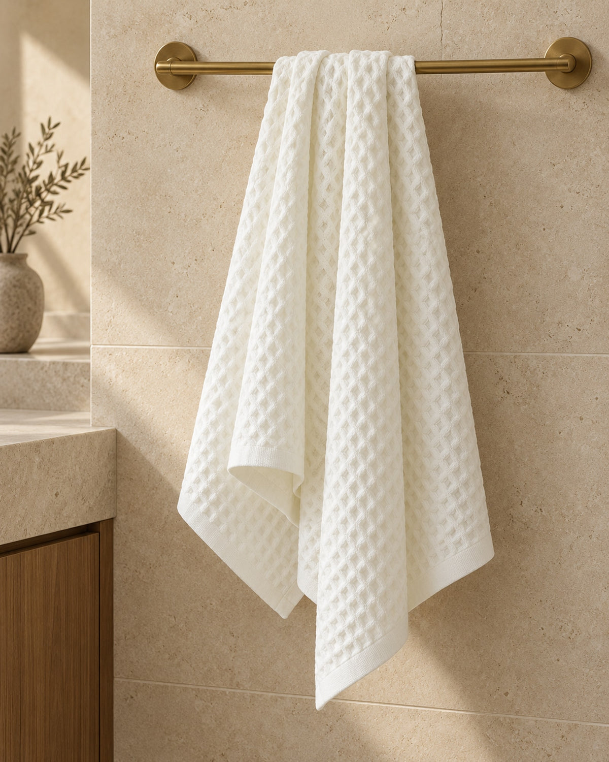 White waffle towel on a brass rail in a calm limestone bathroom.