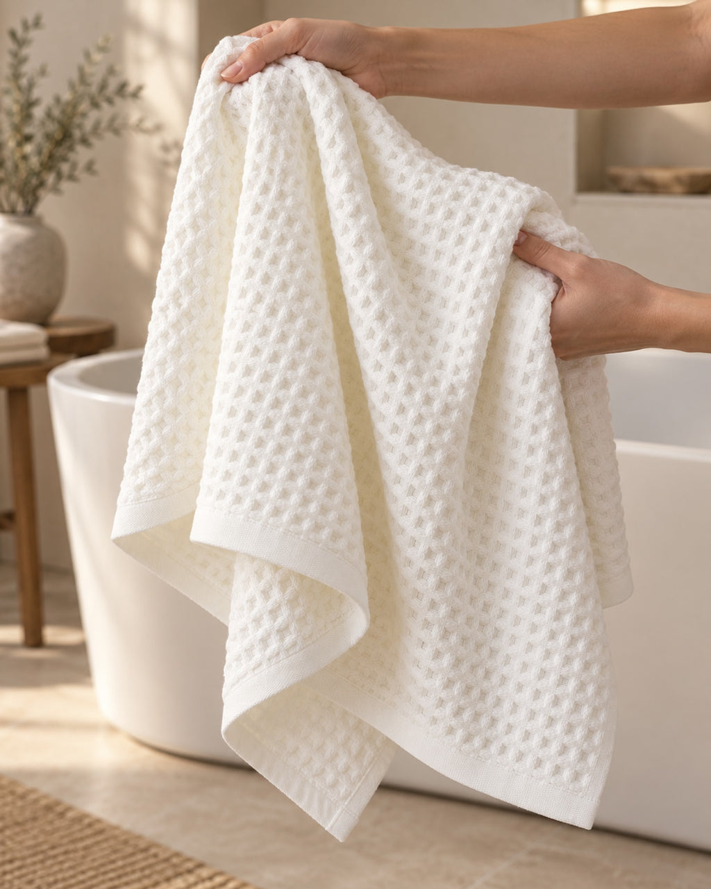 Hands holding the folded waffle towel in front of a bath.