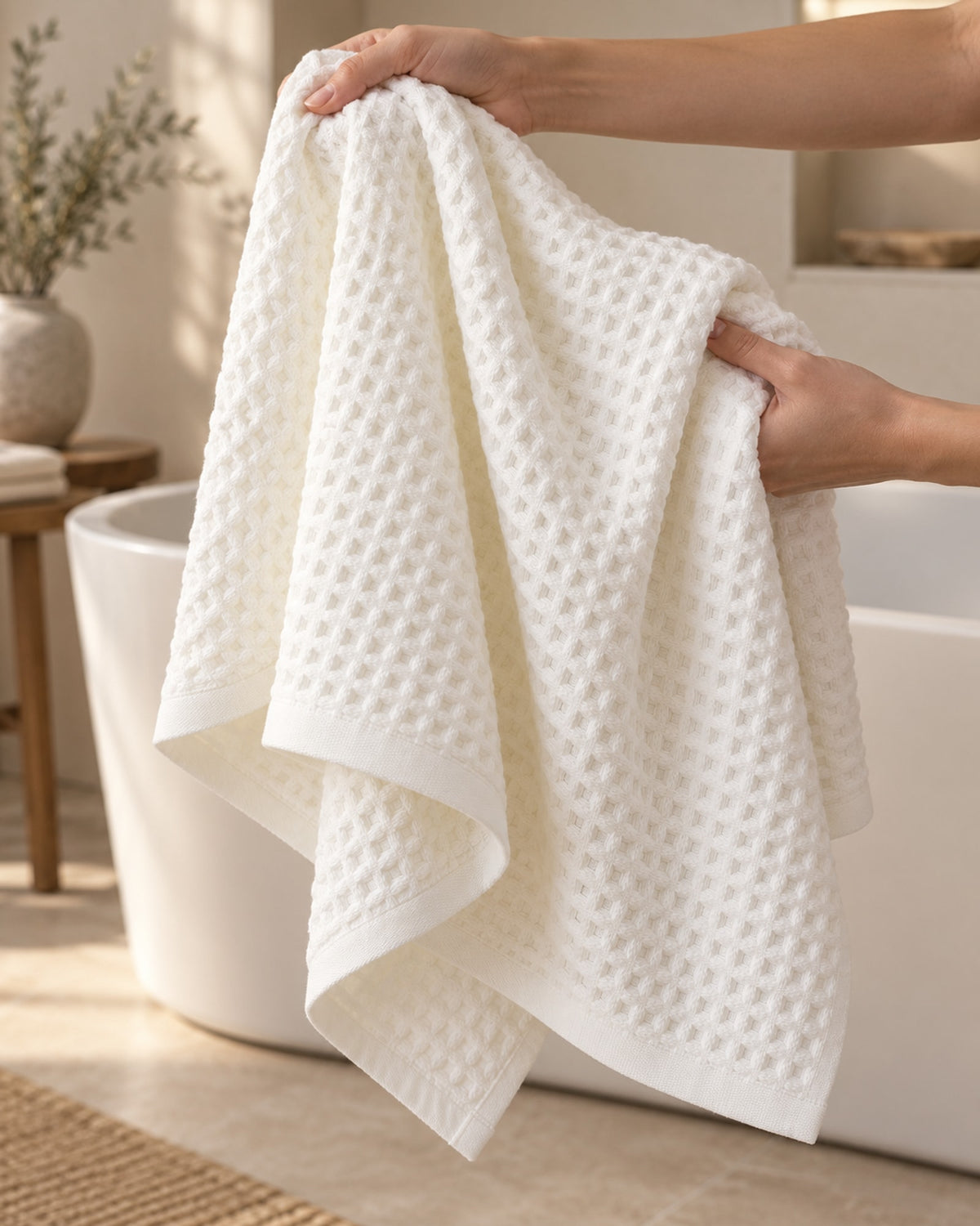 Hands holding the folded waffle towel in front of a bath.