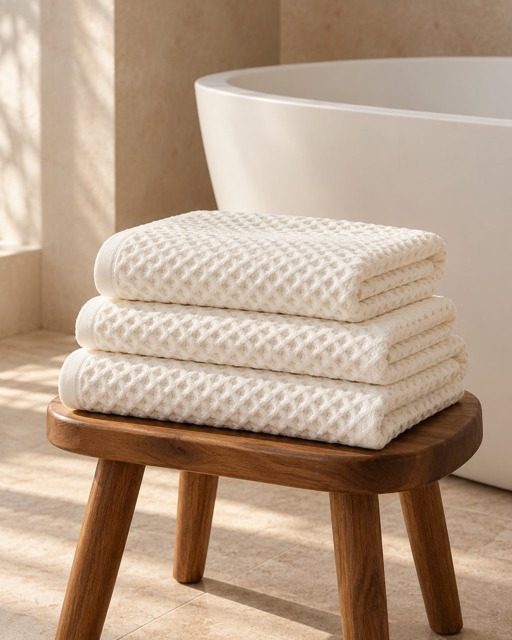 Folded waffle towels on a wooden stool beside a bath.