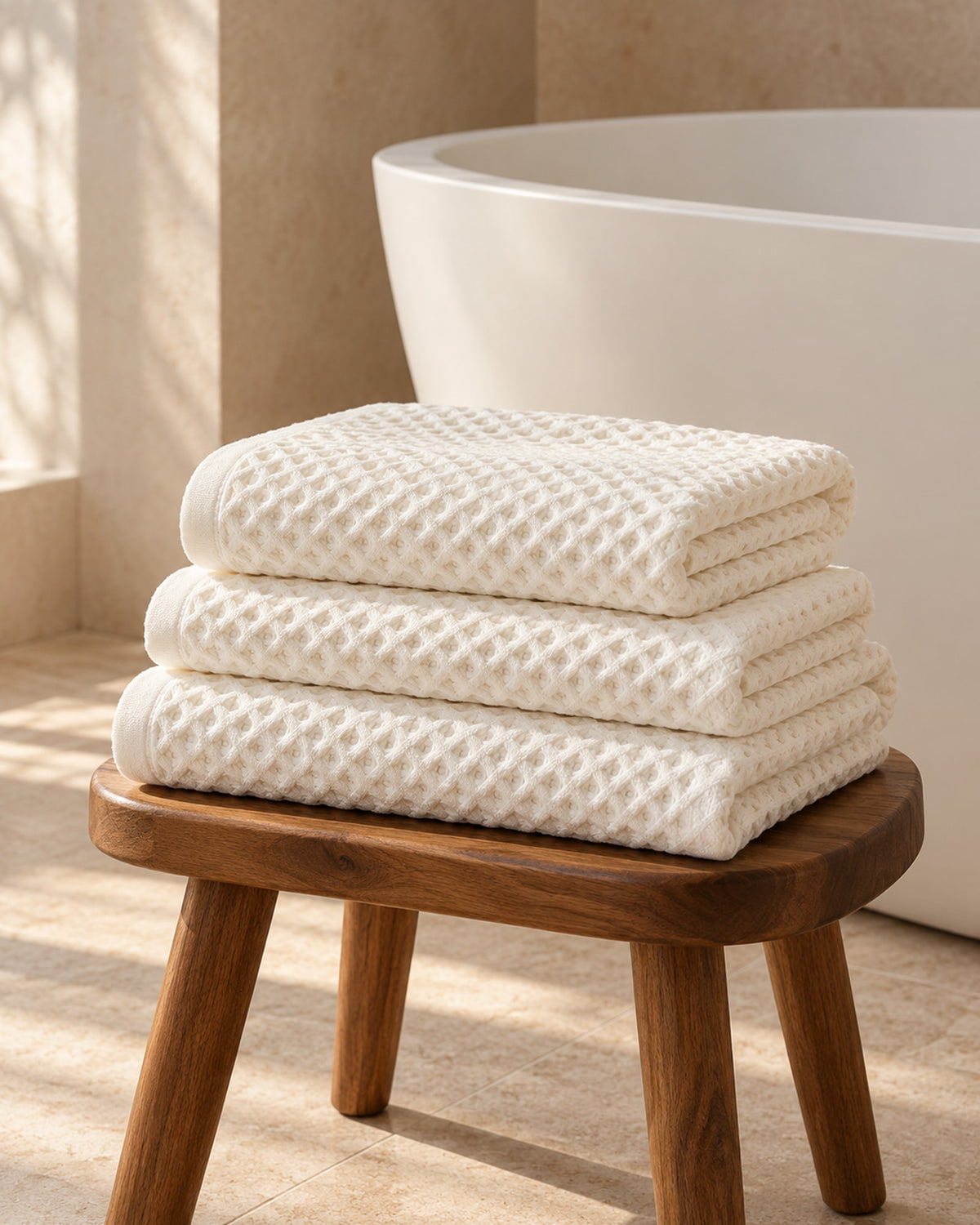 Folded waffle towels on a wooden stool beside a bath.