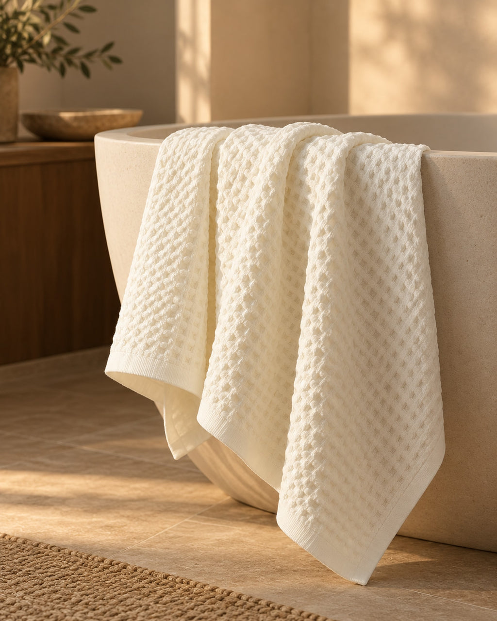 Waffle towel draped over the edge of a bath in evening light.