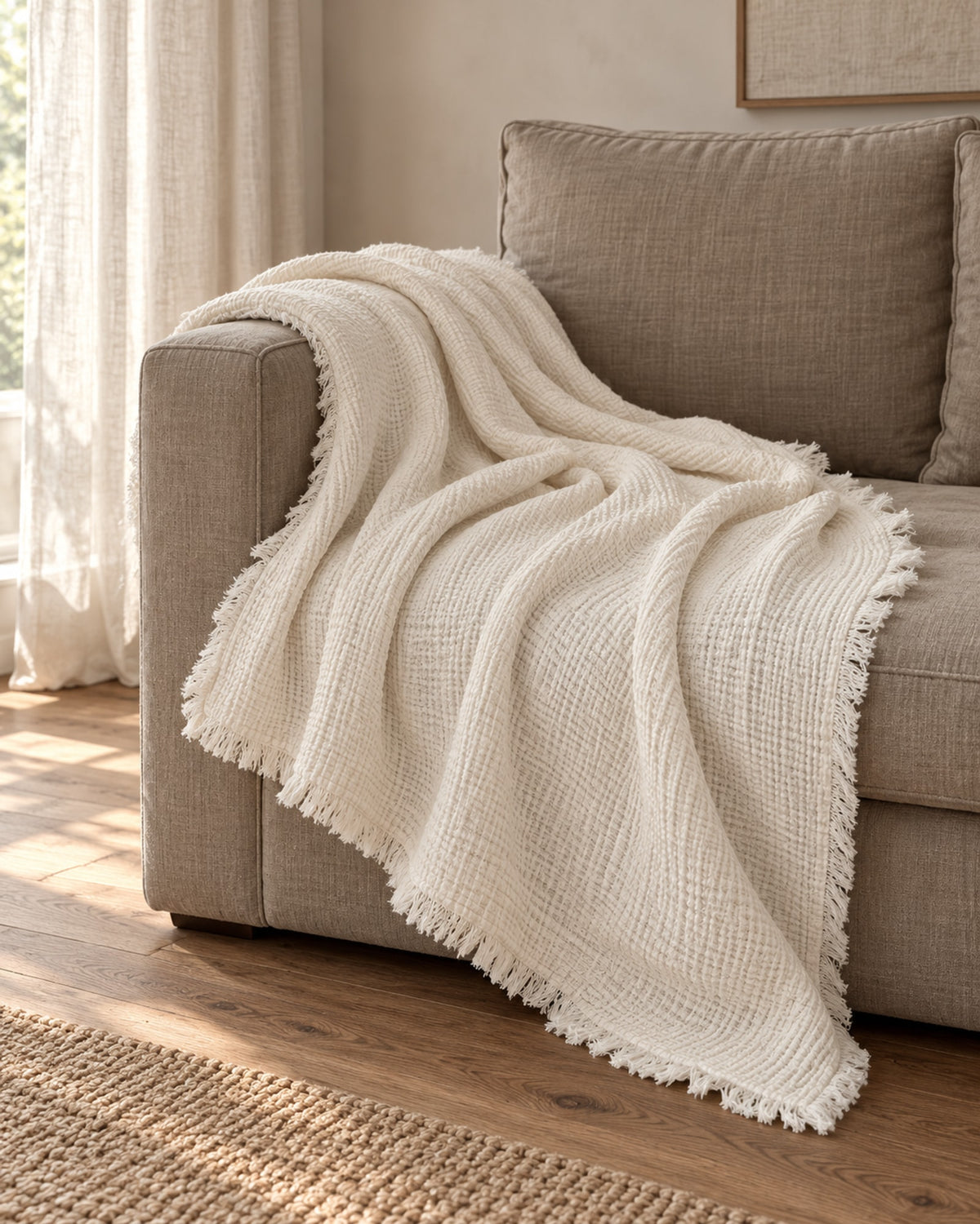Cream waffle throw draped over a taupe linen sofa.