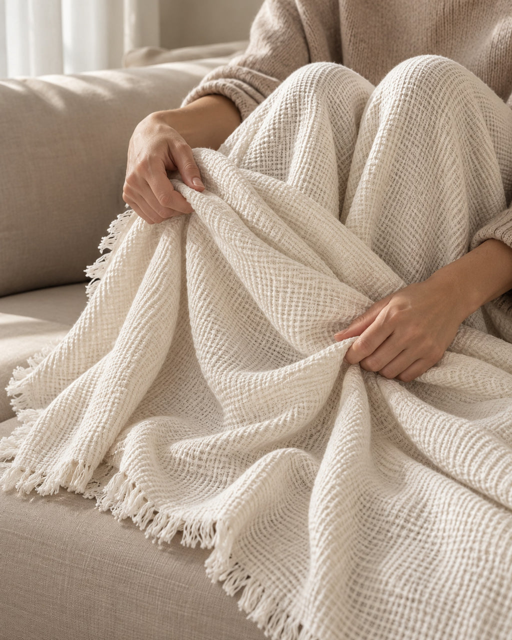 Hands pulling the waffle cotton throw over a lap on a sofa.