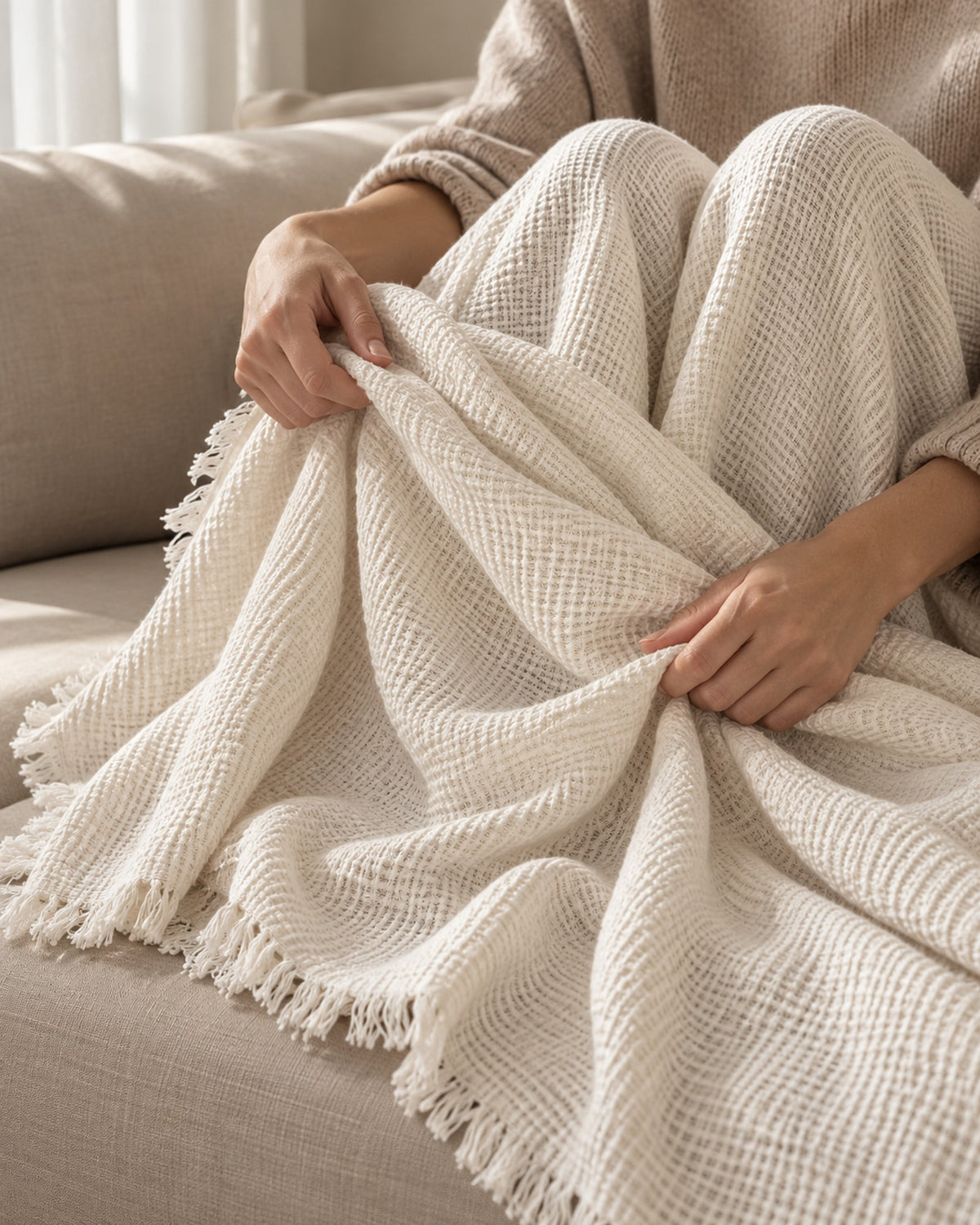 Hands pulling the waffle cotton throw over a lap on a sofa.