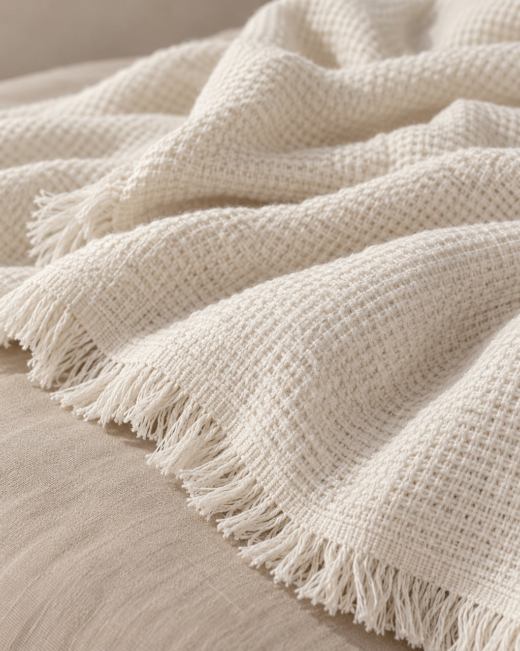 Close-up of the waffle weave and frayed fringe edge.
