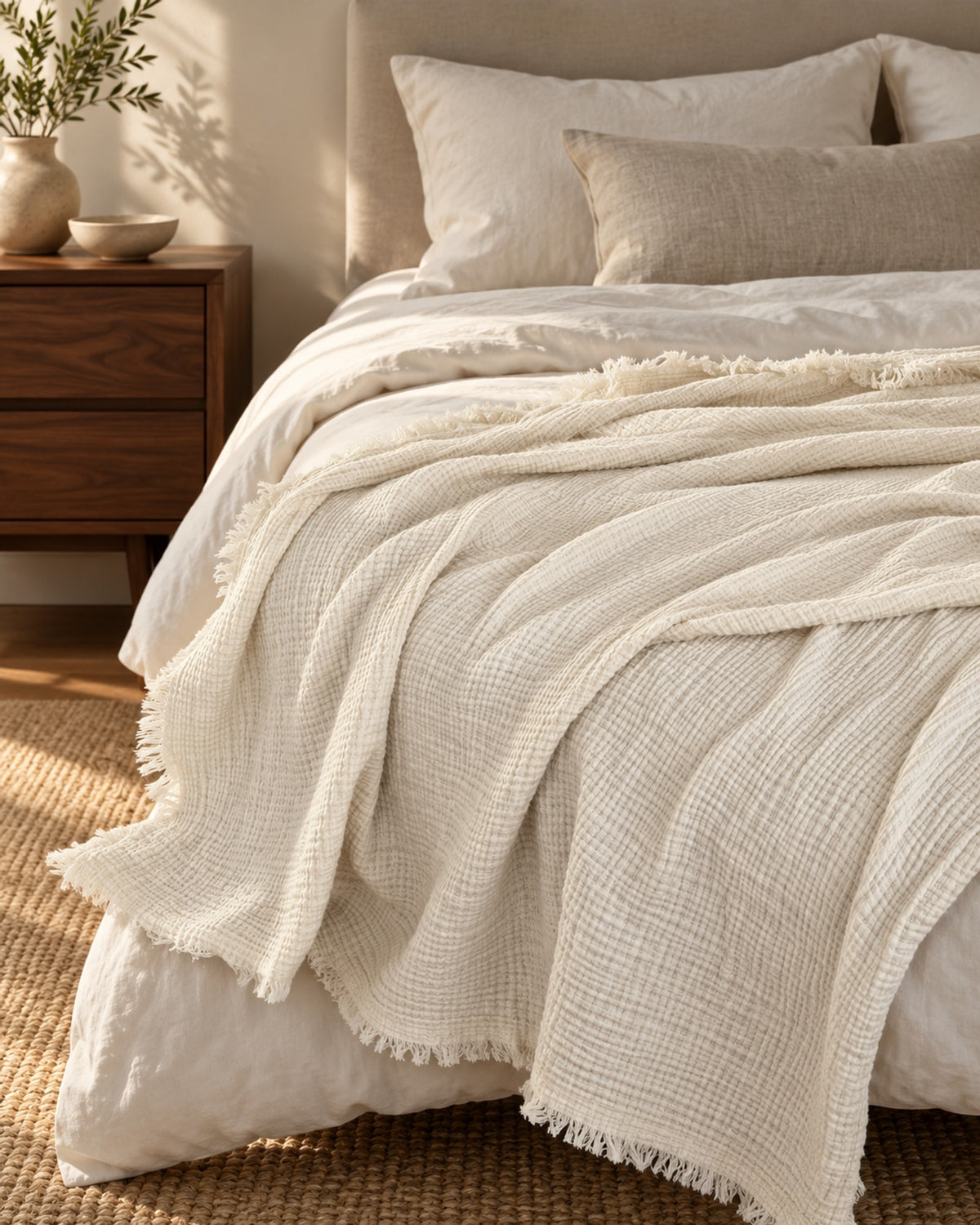 Waffle throw across the foot of a bed with linen bedding.