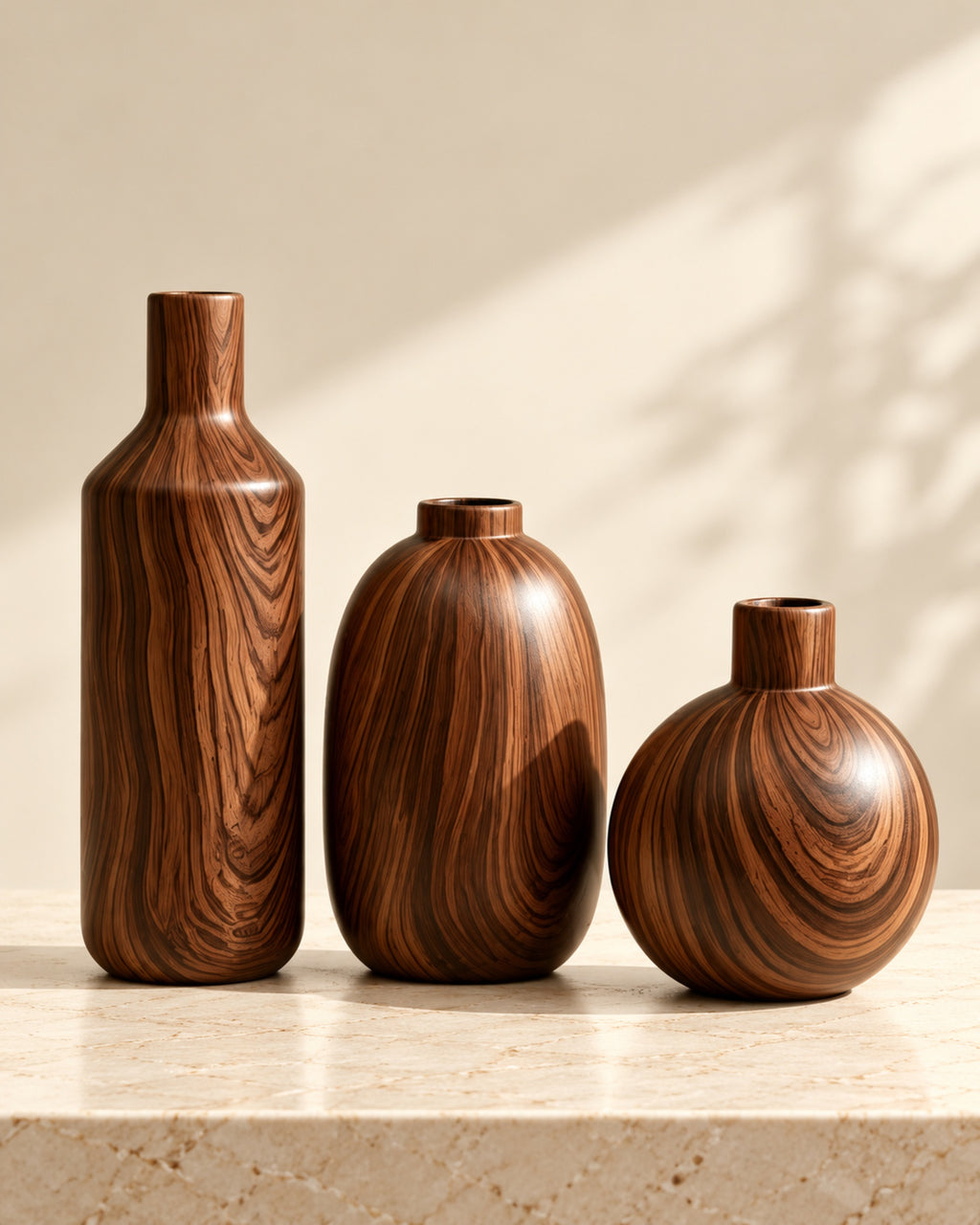 Set of three porcelain vases with a walnut wood-grain pattern: a tall bottle vase, an oval vase and a small round vase, on a pale stone surface.
