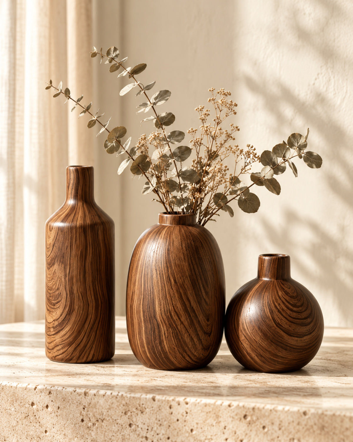 Three wood-grain porcelain vases on a travertine ledge with dried eucalyptus and gypsophila in the oval vase, linen curtains behind. Stems not included.