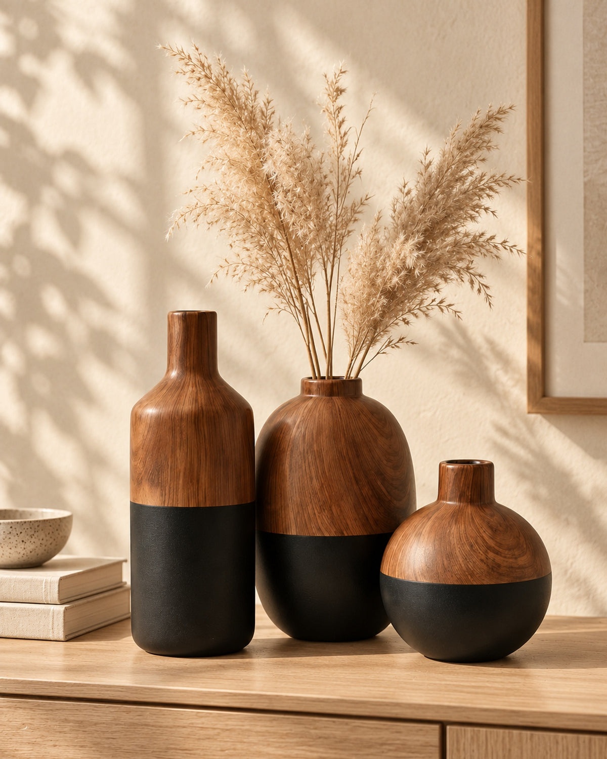 Three porcelain vases with a walnut wood-grain top and matt black base on a light oak sideboard, dried pampas grass in the oval vase, linen books beside them. Stems not included.